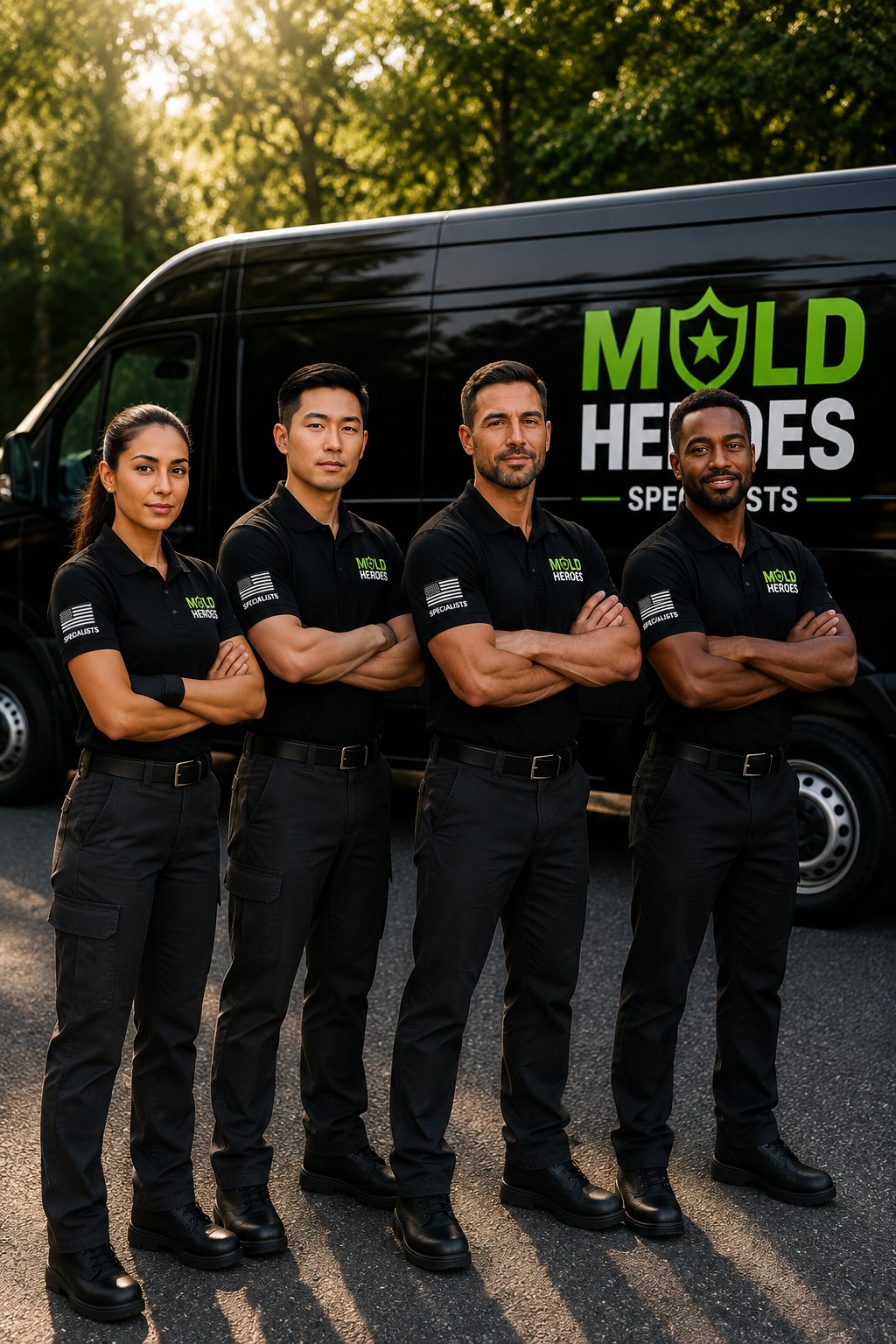 Mold Heroes team of certified mold specialists standing in front of their service van