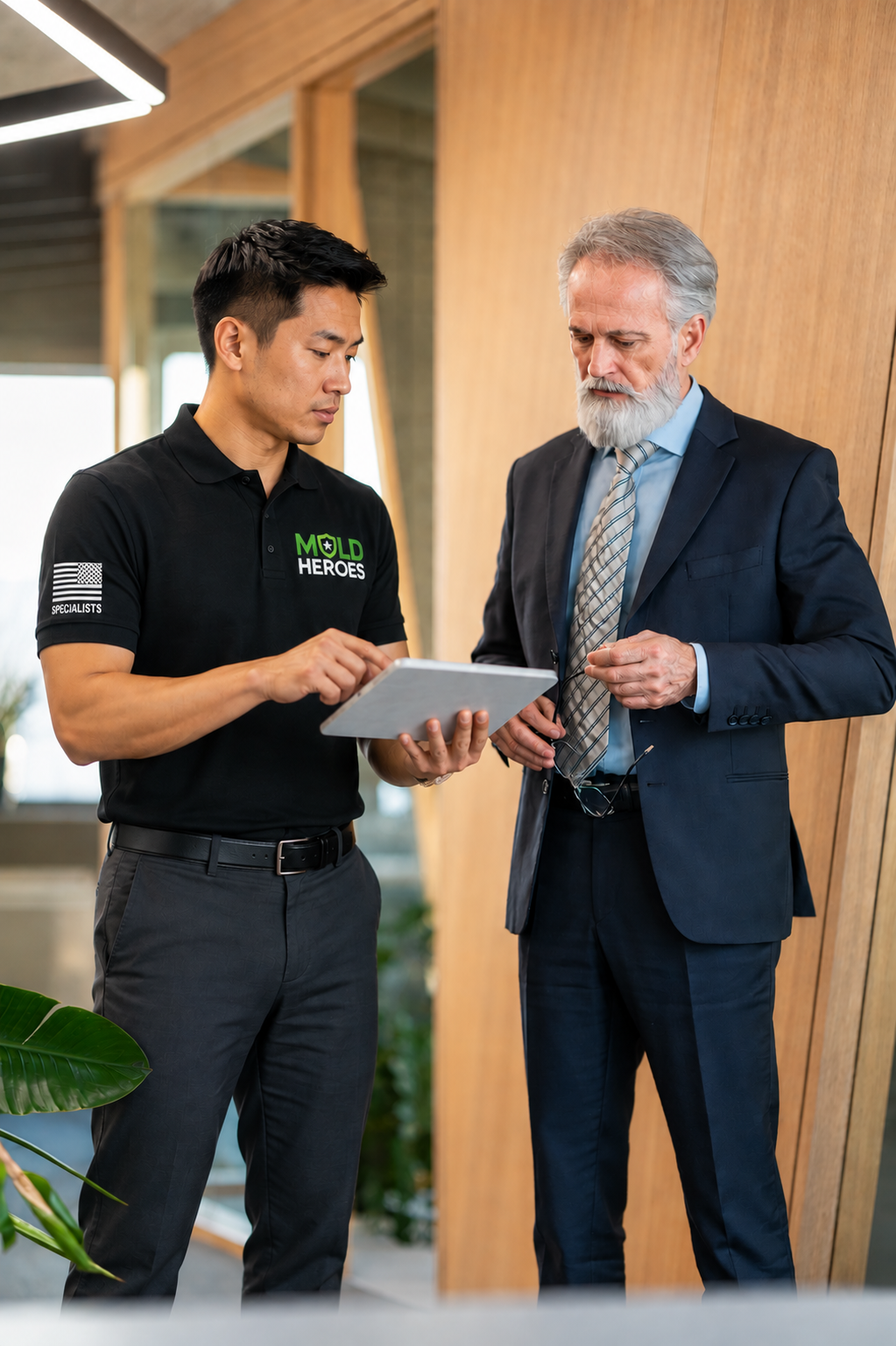 Mold Heroes technician reviewing mold inspection findings with homeowners