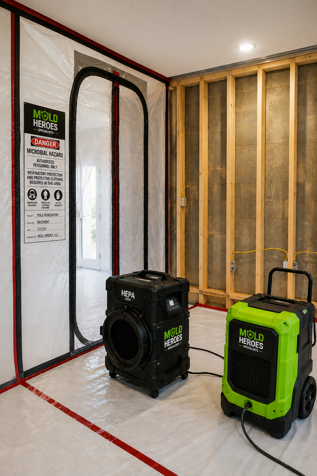 Mold Heroes technicians in full PPE setting containment barriers and operating a HEPA air scrubber during mold remediation